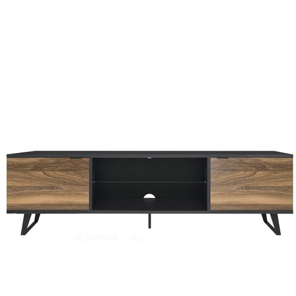 Atelier Mobili Modern Door Glass Shelf TV Stand with Storage for TVs up 80 to Inches, Walnut