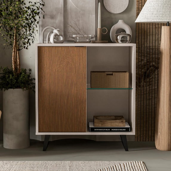 Atelier Mobili Sideboard, Storage Cabinet with Soft Close Doors, Dining Room, Hallway, Console Table, Credenza, Accent Cabinet, 36 X 36 X 18 Inches with Sturdy Metal Legs (Cotton & Wood)