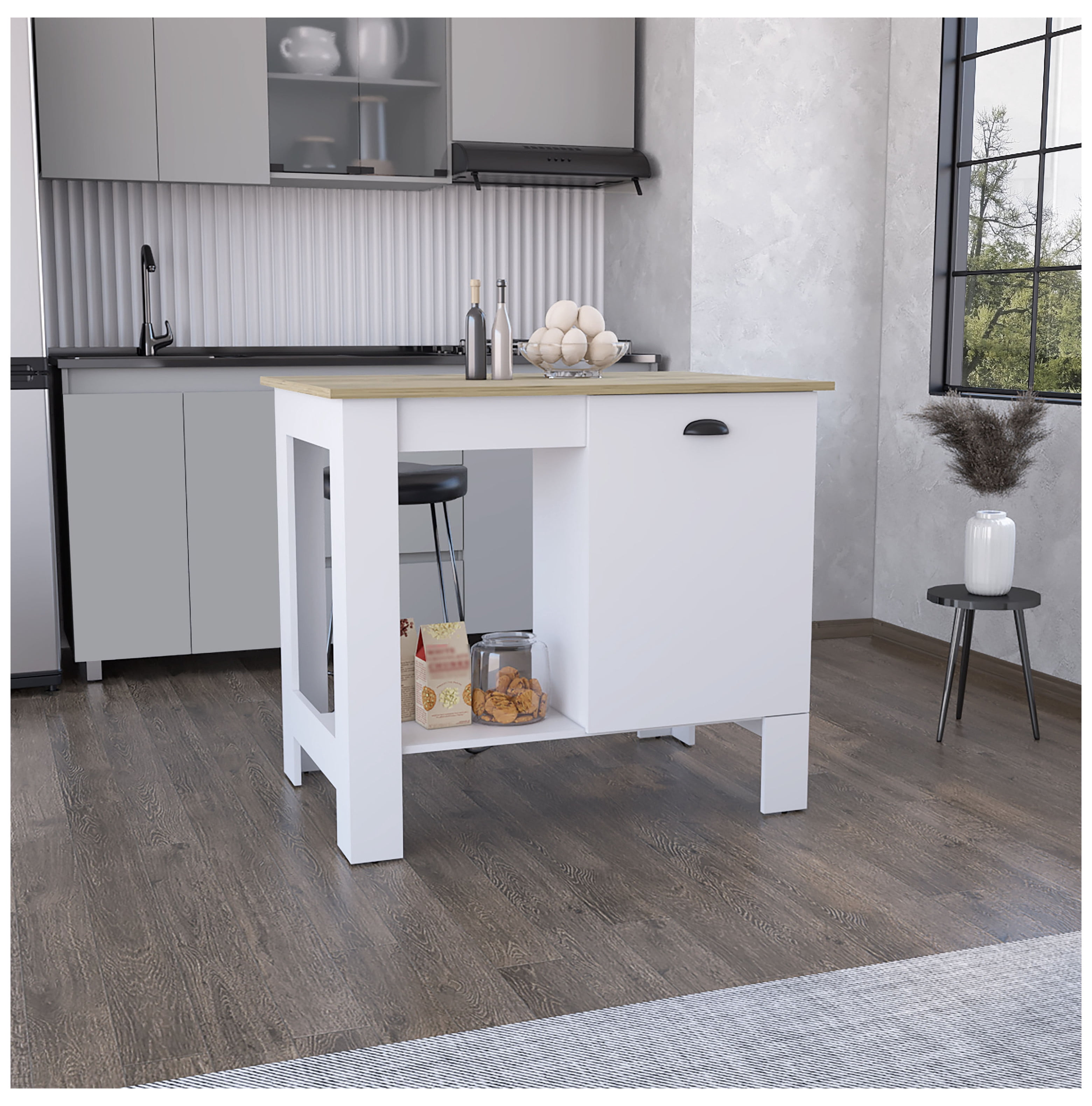 Atenea Kitchen Island, Single Door Cabinet, Shelf White / Macadamia ...