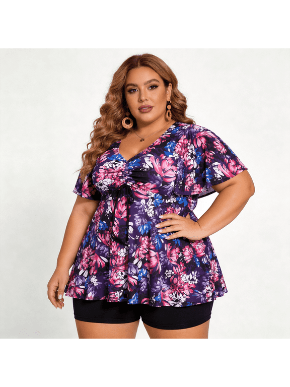 Plus Size Swimsuit for Women Drawstring V-Neck Ruffle Sleeve Two Piece Swimdress with Shorts