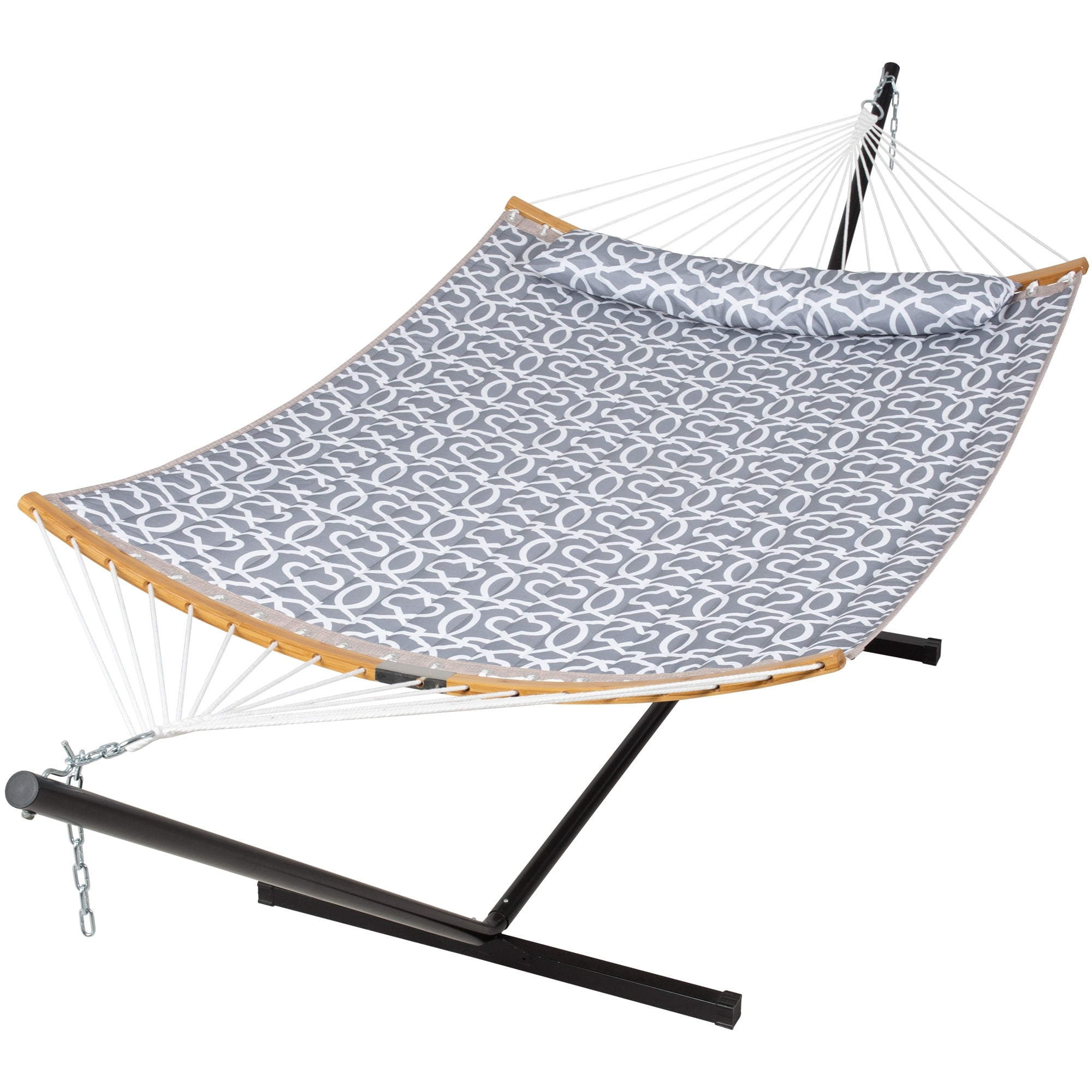 Dark Gray Quilted Polyester 2-Person Hammock with Stand and Pillow
