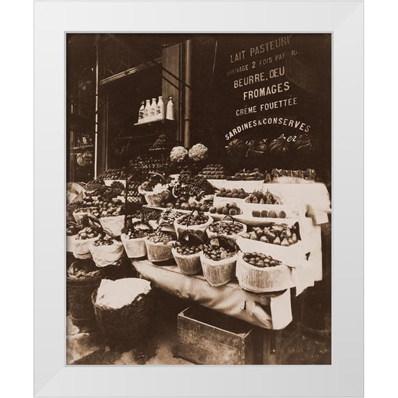 Atget, Eugene 12x14 White Modern Wood Framed Museum Art Print Titled - Rue Sainte-Opportune - Produce Display, rue Sainte-Opportune. Sepia