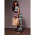 thumbnail image 1 of Athîral Womens Coffee Casual Long Striped Dress Round Neck Short Sleeve, 1 of 5