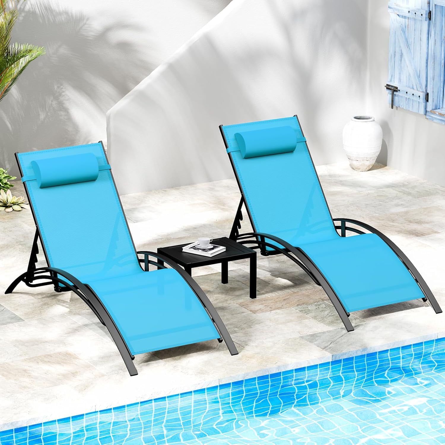AthLike 3 pcs Poolchairs Patio Chaise Lounge Set with Headrest, 5-Level ...