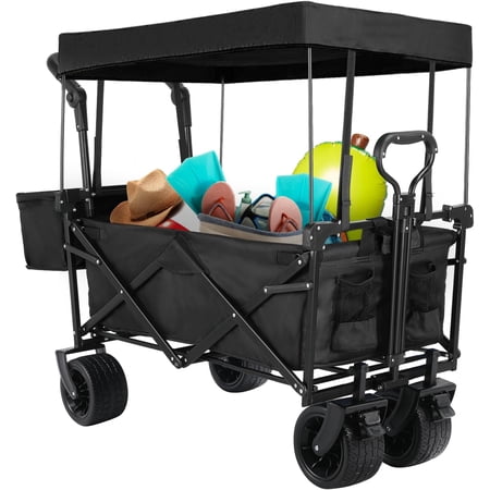 AthLike Outdoor Push Pull Collapsible Beach Wagon, Heavy-Duty 7“ All-Terrain Folding Cargo Cart, with Removable Canopy, 2 Cup Holder, Adjustable Handles, Extra Pocket for Shopping, Picnic (Gray)