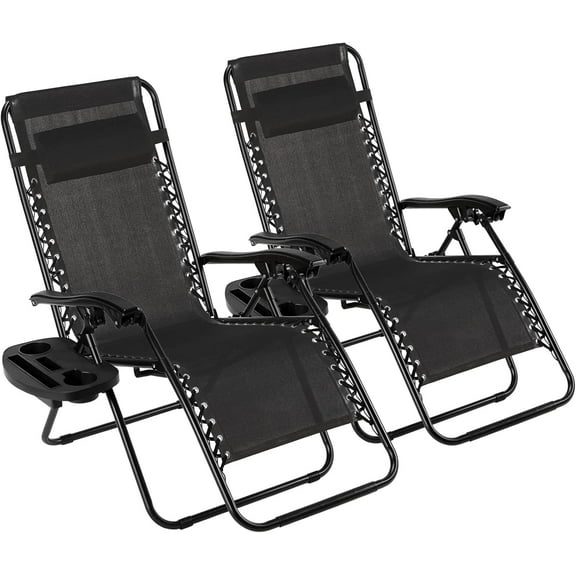 AthLike Outdoor Textilene Zero Gravity Chairs Set, Adjustable & Folding Patio Lawn Reclining Lounge, Anti-Gravity Camping Metal Steel Chair w/Side Table, Cup Holders, Pillows (Black)