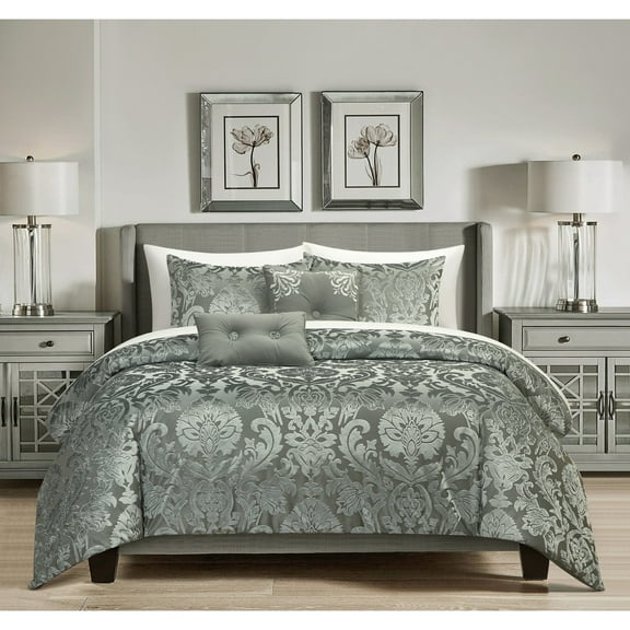 Athalee 5 Piece Jacquard Comforter Set Burnout Velvet Damask Floral Design