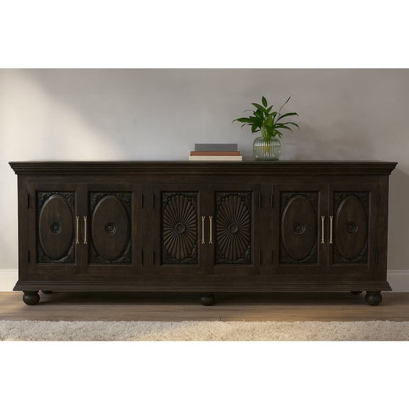 Athena 6-Door Sideboard in Antique Black with Traditional Carving on Solid Wood