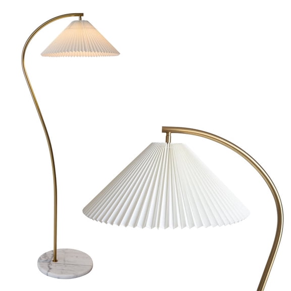 Athena 60" Japandi-Inspired LED Gold Floor Lamp with White Pleated Shade and Real Marble Base
