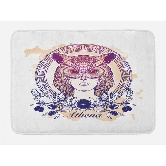 Athena Bath Mat, Circular Greek Myths Woman in an Owl, Plush Bathroom Decor Mat with Non Slip Backing, 29.5" X 17.5", Multicolor, by Ambesonne