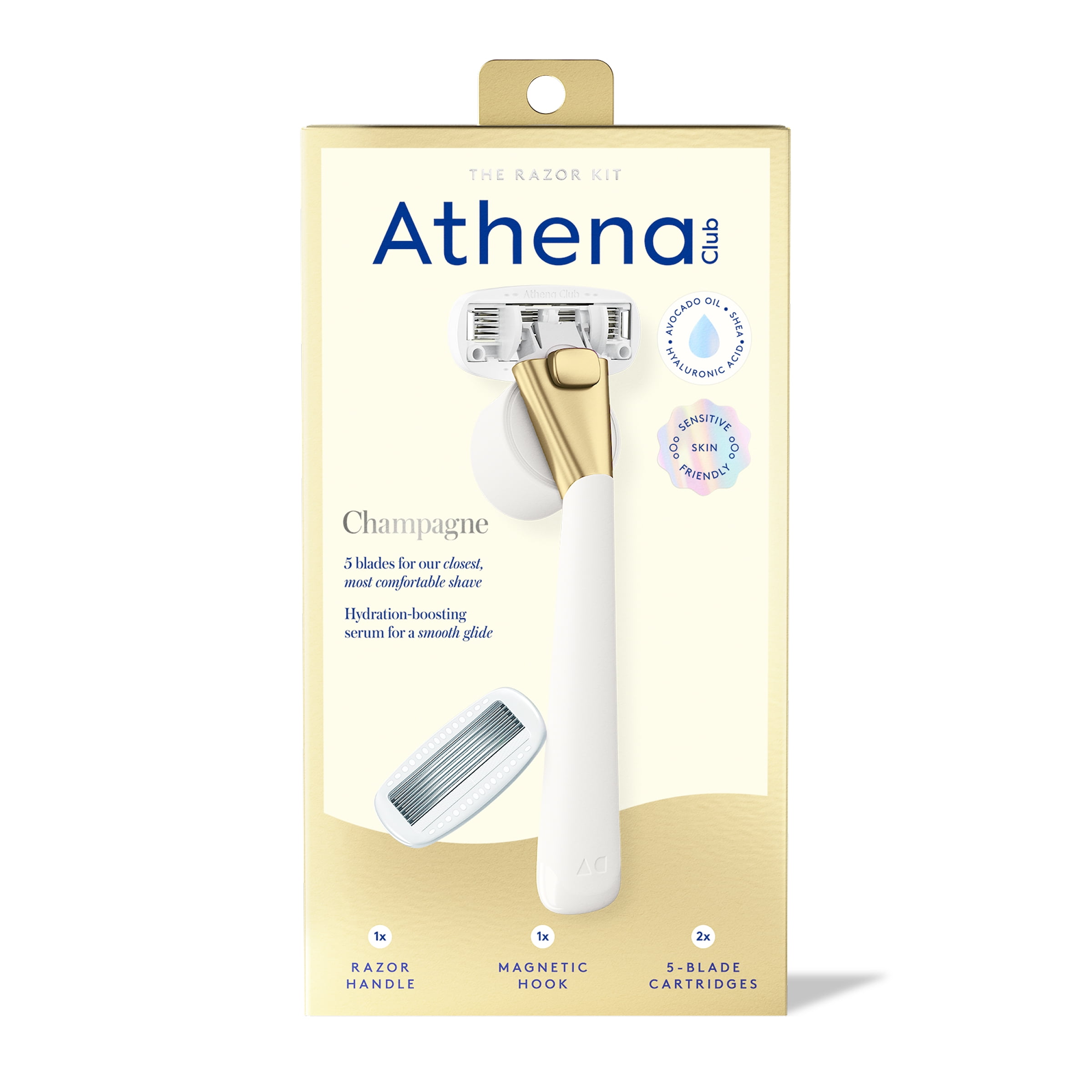 Athena Club Women's Razor Kit - Razor Handle, 2 5-Blade Refills, Shower Holder in Champagne
