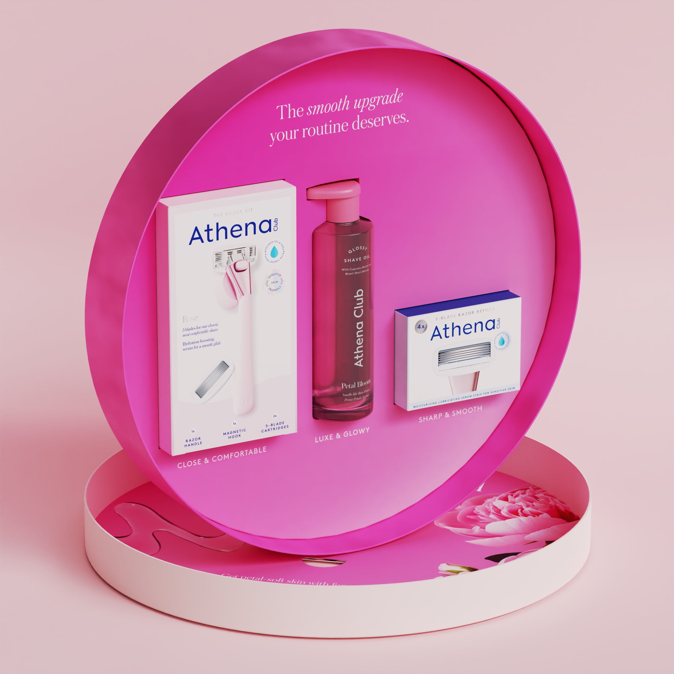 Athena Club Shave Set, Rose Razor Handle + 6 Blade Refills + Petal Bloom Glossy Shave Oil