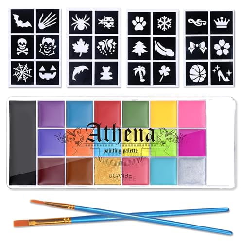 Athena Face Body Painting Kit - 20 Color Large Deep Pan Paint, 24 Stencils, 2pcs Brushes, Professional Oil Based SFX Makeup Palette for Art, Theater, Halloween, Parties and Cosplay