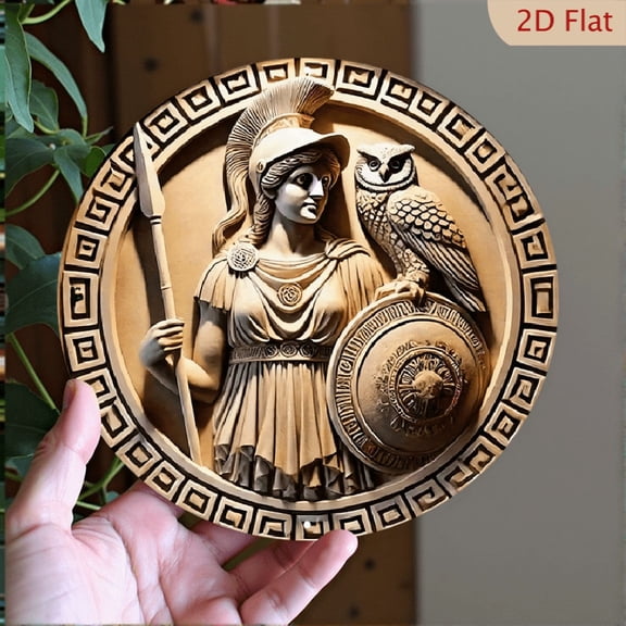 Athena Goddess Wall Art, 8x8 Inch Round Aluminum Metal Relief Plaque, Classical Greek Mythology Decorative Sign for Home Office Decor, Gold Toned Meander Pattern