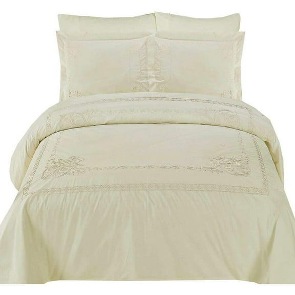 Athena Ivory Embroidered 3-Piece King/California King Duvet Cover Set 100% Cotton 300 Thread Count
