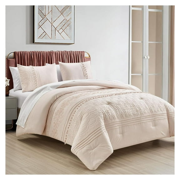 Athena King Bed in a Bag 7-Pieces Floral Chenille Embroidered Pom Pom Stripe Comforter Set with Sheets All Season Bedding Set, King, Blush Pink