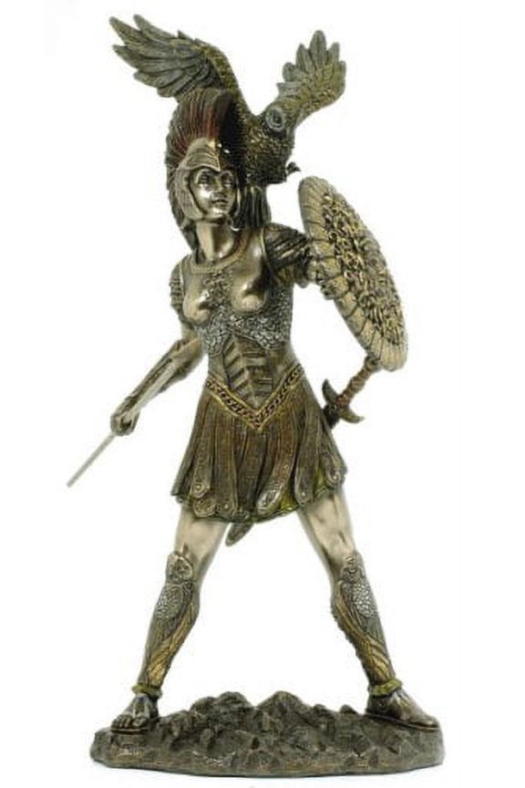 Athena (Minerva) & Owl Greek Roman Goddess of Wisdom Statue, Real Bronze Powder Cast Sculpture 12-inch