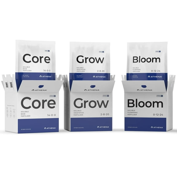 Athena Pro Complete Fertilizer Kit – Dry Soluble Plant Nutrients | Pro Grow, Pro Bloom, Pro Core | 3-Part Veg & Bloom Formula – 10 lb (Core 14-0-0, Grow 2-8-20, Bloom 0-12-24)