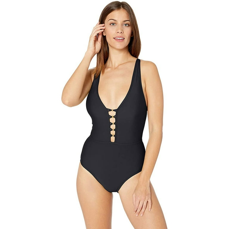 Athena Women's V-Neck One Piece Swimsuit, Solids Black, 14