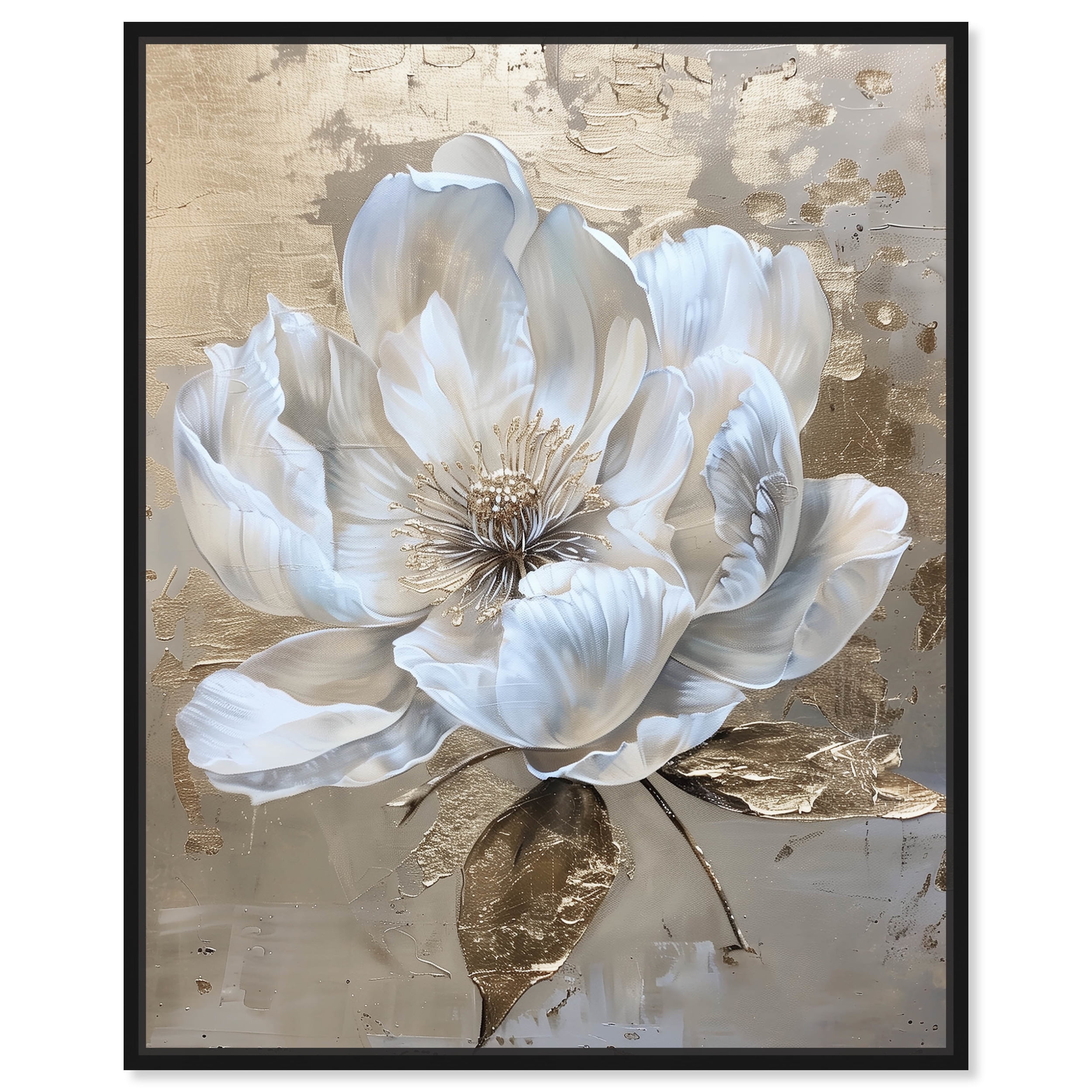 Athenas Flower White and Gold Canvas Wall Art with Black Frame