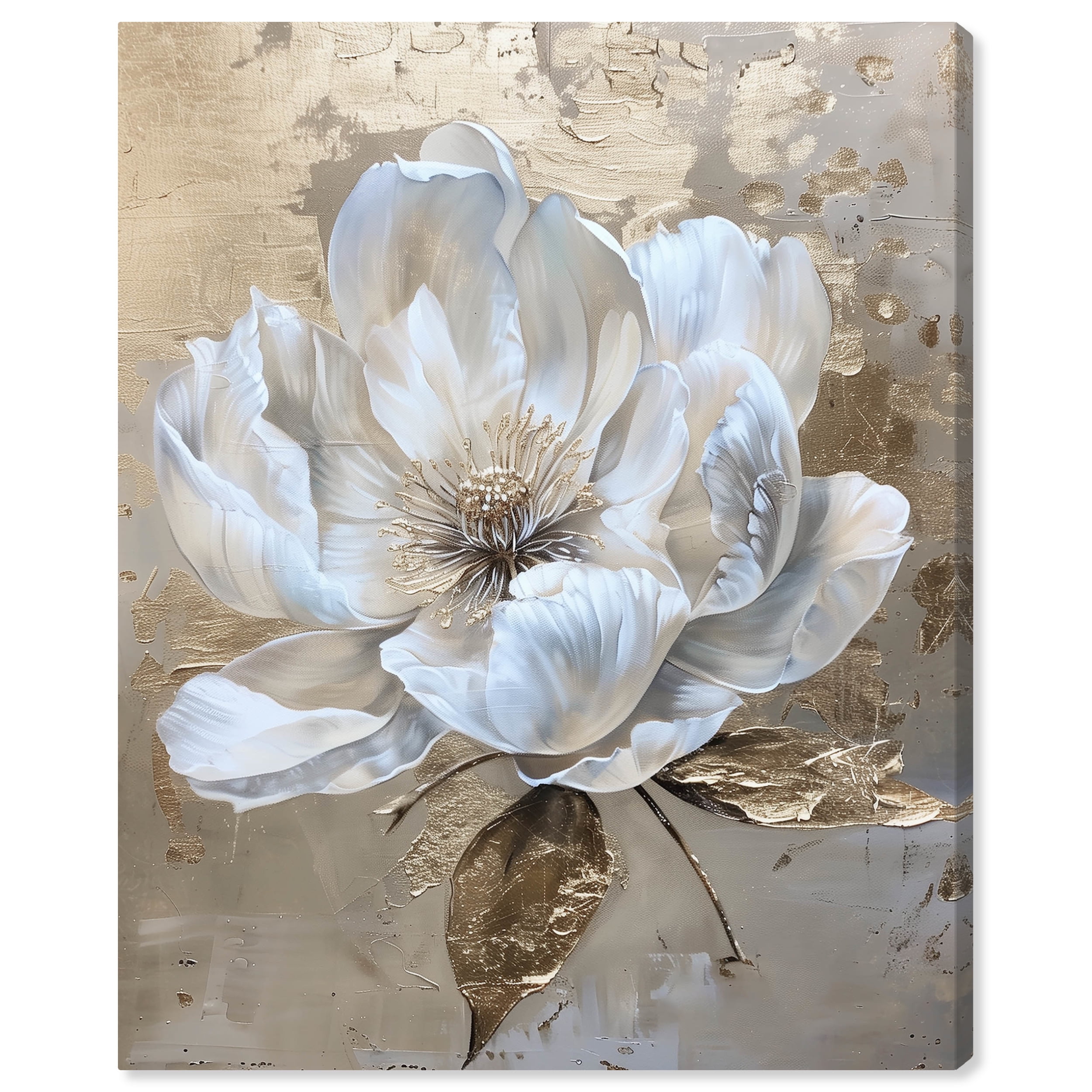 Athenas Flower Gallery Wrapped Canvas Wall Art in White and Gold