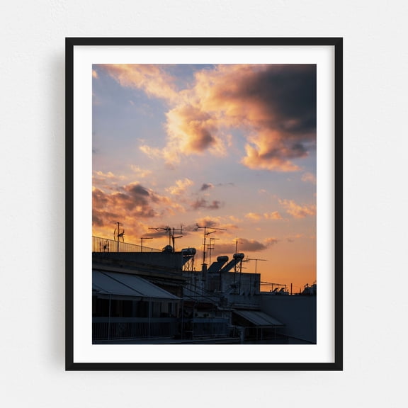 Athenian Sunset Silhouettes - Athens Greece Photography Sunset Silhouette Cityscape Skyline Architecture Moody Black Framed Wall Art Print 6 x 8 inches