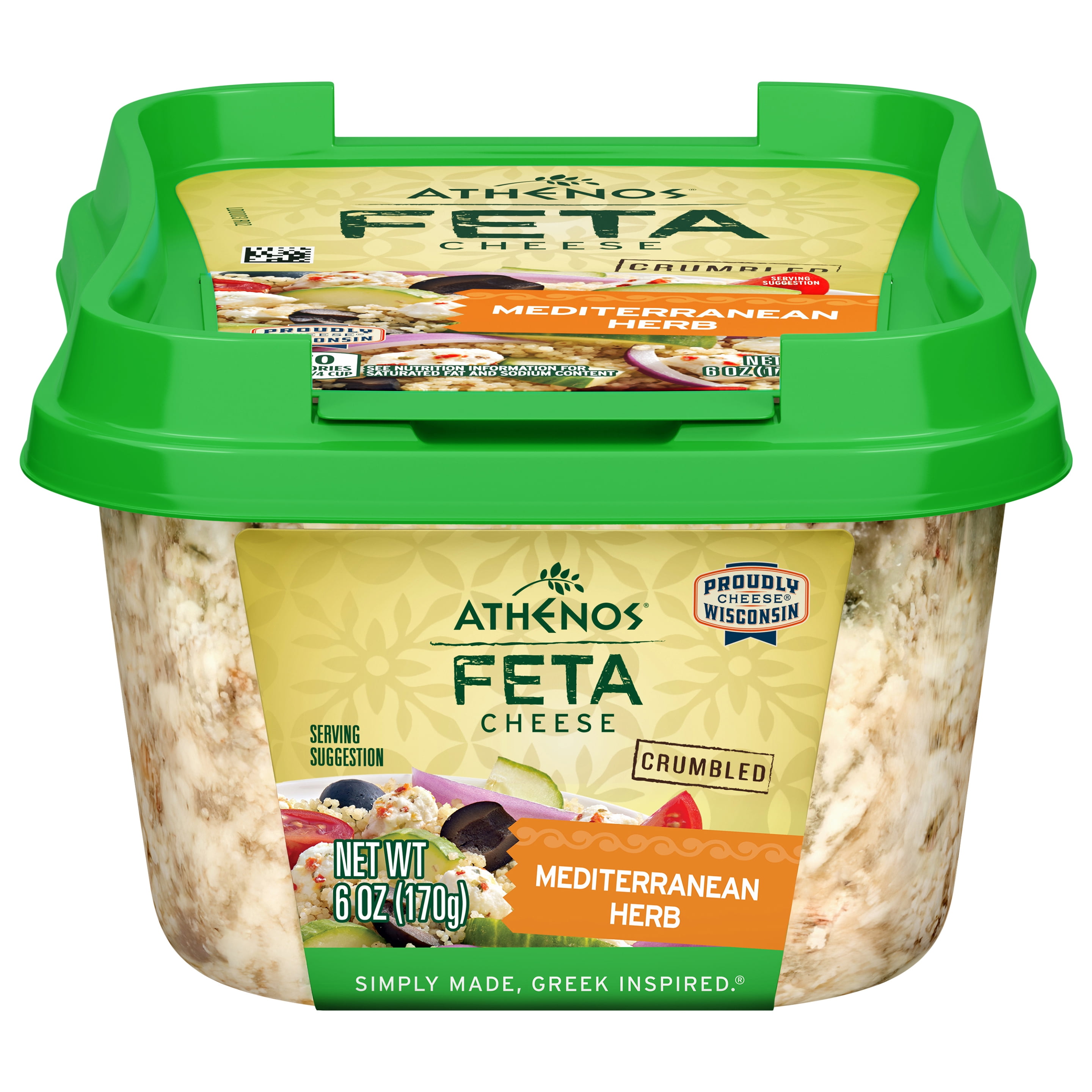 Athenos Mediterranean Herb Crumbled Feta Cheese 6 oz, Refrigerated, Plastic Tub