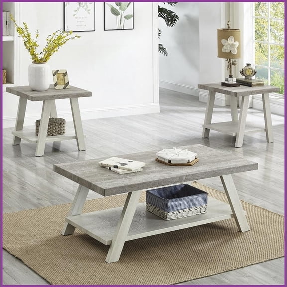 Athens 3-Piece Contemporary Coffee Table Set  Weathered Gray & Beige with Extra Storage, Fits Rustic/Modern Living Rooms
