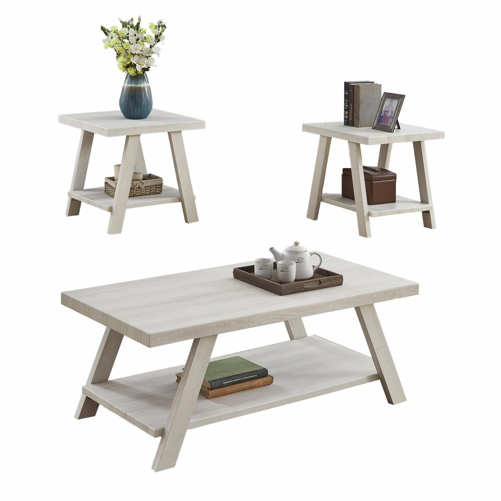Athens 3 Piece Contemporary Wood Shelf Coffee Table Set White