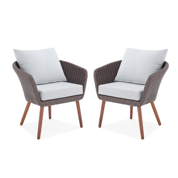 Athens All-Weather Brown Wicker Outdoor Chairs with Light Gray Cushions, Set of 2