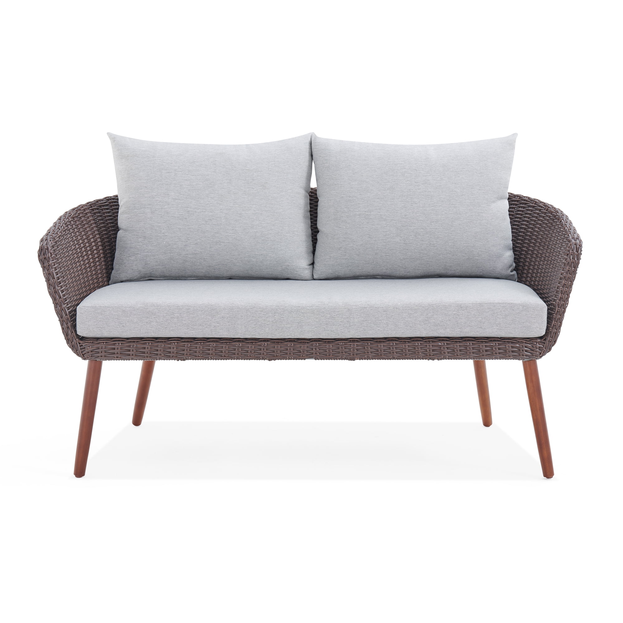 Athens All Weather Wicker Two Seat Outdoor Brown Bench with Light Gray Cushions Walmart