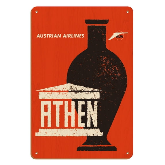 Athens (Athen) Greece - Ancient Greek Amphora - Austrian Airlines - Vintage Airline Travel Poster by Otto Peterseil c.1965 - 8 x 12 inch Vintage Wood Art Sign