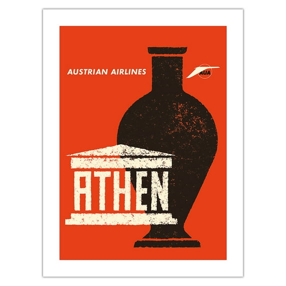 Athens (Athen) Greece - Ancient Greek Amphora - Austrian Airlines - Vintage Airline Travel Poster by Otto Peterseil c.1965 - Bamboo Fine Art 290gsm Paper Print (Unframed) 18x24in