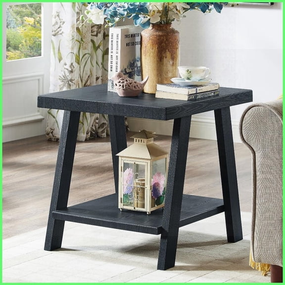Athens Black Coffee Table with Natural Wood Grain, Wide-Angled Legs & Under-Shelf Storage