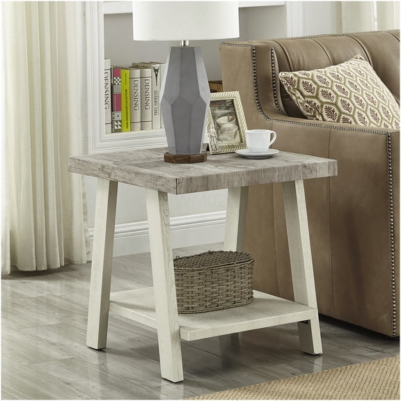 Athens Contemporary End Table with Shelf, Two-Tone Weathered Gray and Beige Finish