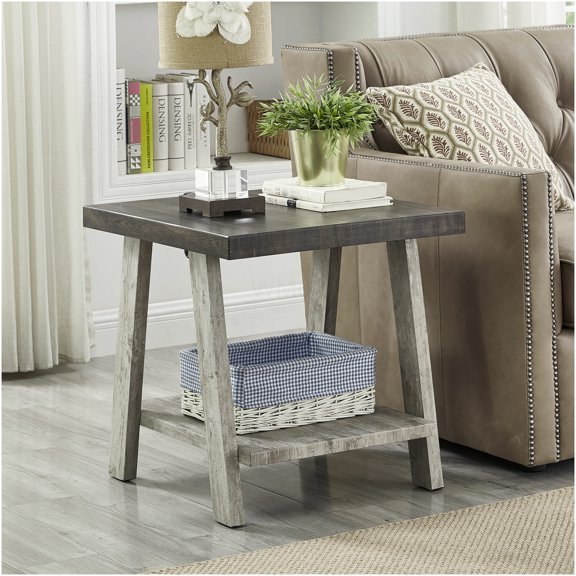 Athens Contemporary End Table with Storage Shelf, Two-Tone Weathered Walnut and Gray Finish