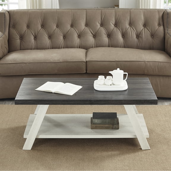 Athens Contemporary Two-Tone Coffee Table Weathered Charcoal & Beige Wood Storage Shelf