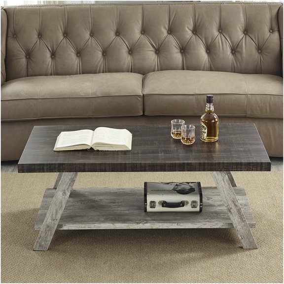Athens Contemporary Two-Tone Coffee Table with Storage Shelf, Weathered Walnut Top & Gray Base