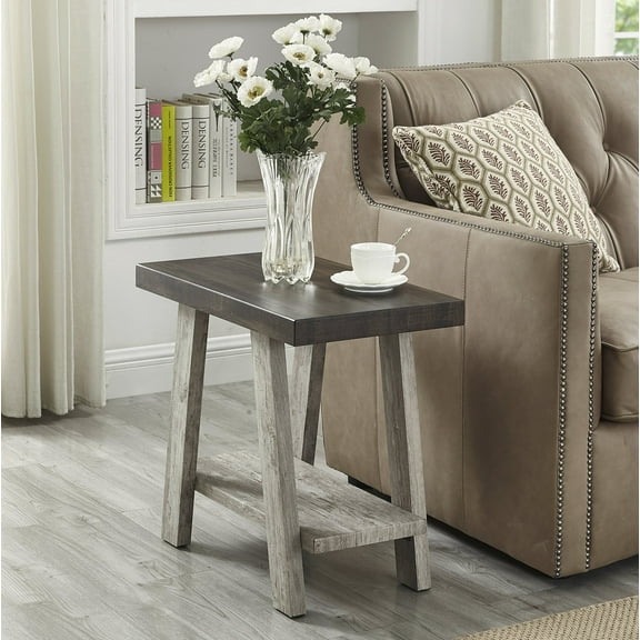 Athens Contemporary Two-Tone Wood Shelf Side Table In Weathered Walnut And Gray