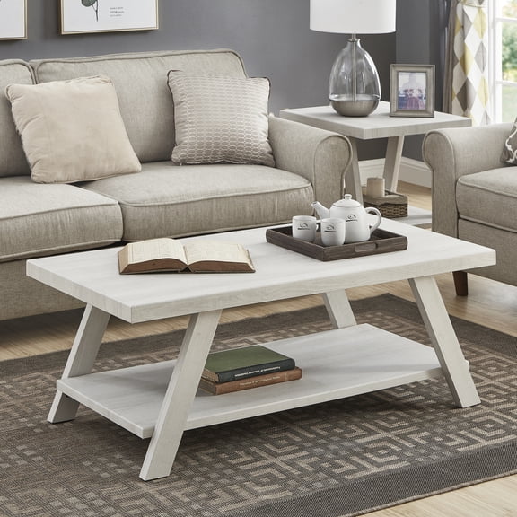 Athens Contemporary Wood Coffee Table White Finish Built-In Storage Shelf 48"W x 24"D x 19"H