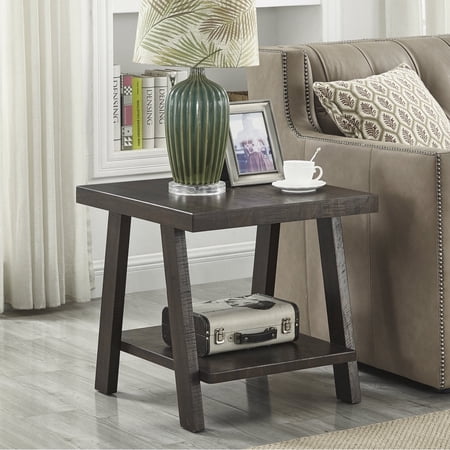 ENTU Contemporary Wood End Table Weathered Espresso Finish Built-In Storage Shelf