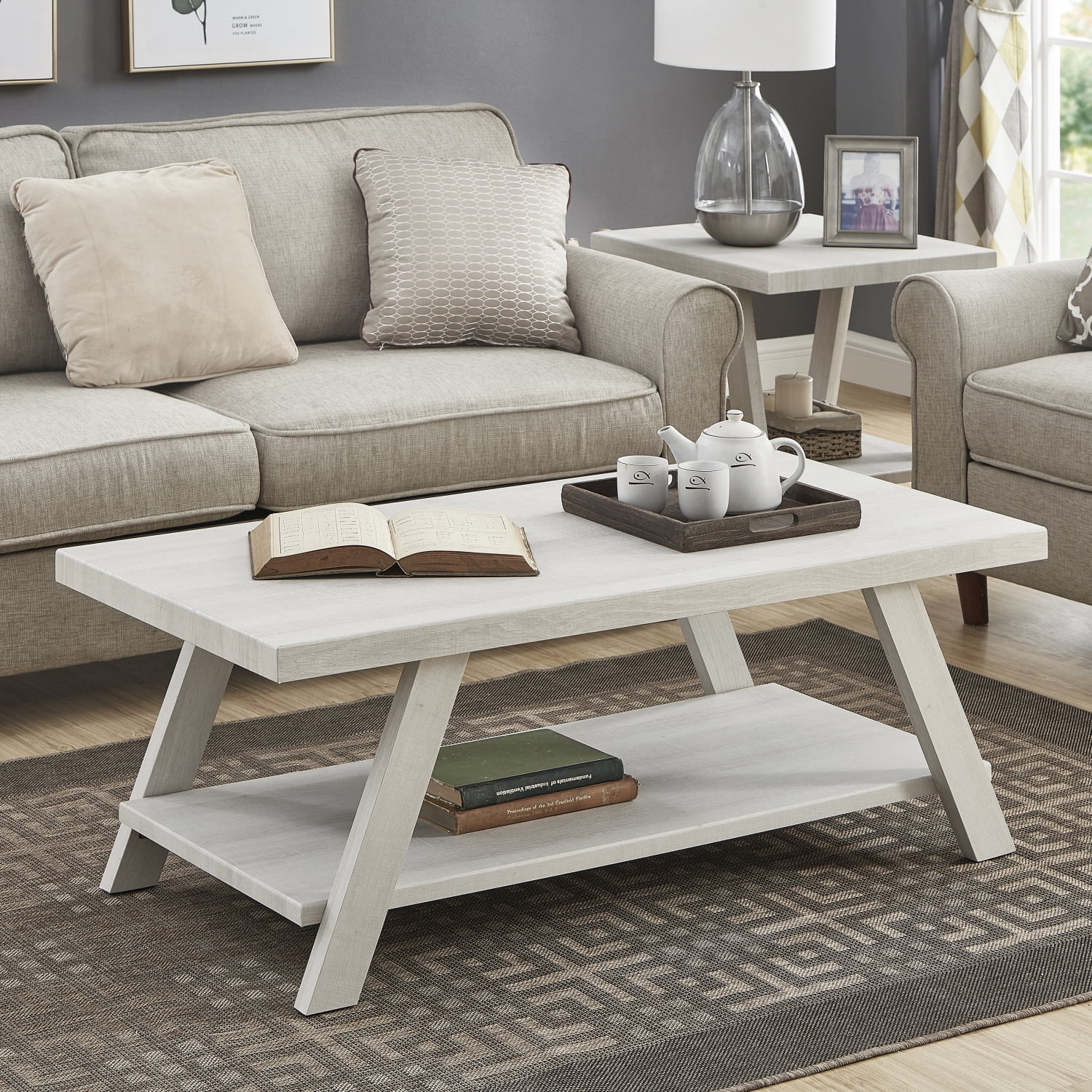 Athens Contemporary Wood Shelf Coffee Table In White Finish