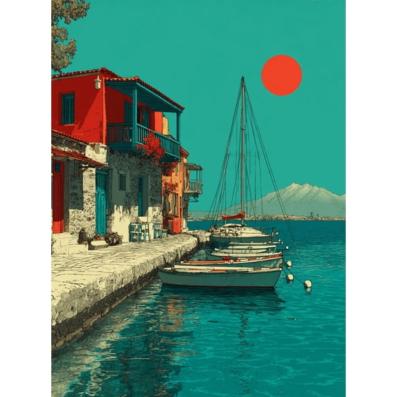 Athens Greece Harbor Canvas Wall Art, Greek Town Sailboat Port Print, Travel Home Wall Decor