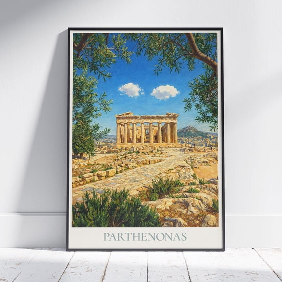 Athens Greece Travel Poster: the Parthenon and Olive Trees Physical Wall Art , Poster Print Only