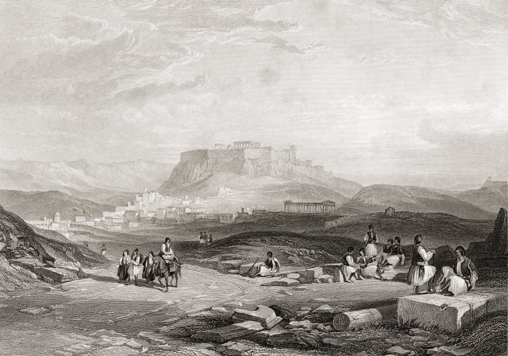 Athens Greece from a 19th century engraving From The Imperial Bible Dictionary published 1889 Canvas Art - Ken Welsh Design Pics (16 x 11)