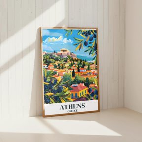 Athens Travel Poster, Colorful Greece Print with Parthenon, Acropolis & Olive Trees, Modern Greek Decor Wall Art , Poster Print Only