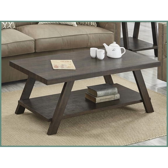 Athens Weathered Espresso Coffee Table 1.77" Thick Overextended Top & Under Shelf for Living Room