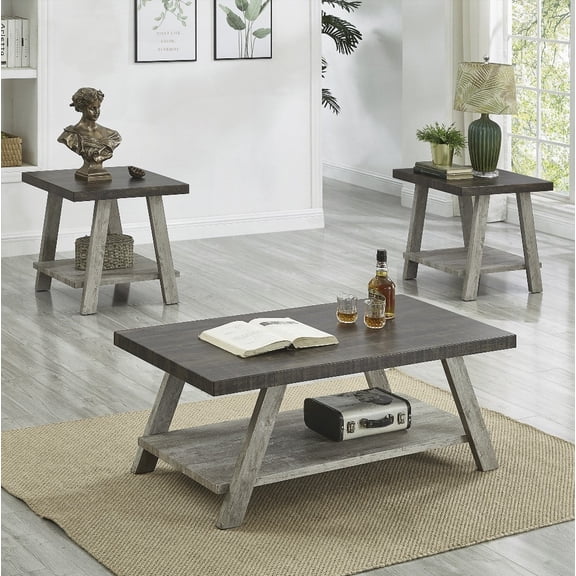Athens Weathered Walnut and Gray 3-Piece Wood Shelf Coffee Table Set - Splayed-Leg Look with Storage