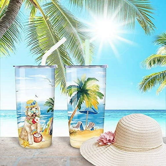 Athenstics 20oz Beach Tropical Cup Tumbler with Straw and Lid Dog Insulated Travel Mug Stainless Steel Double Wall
