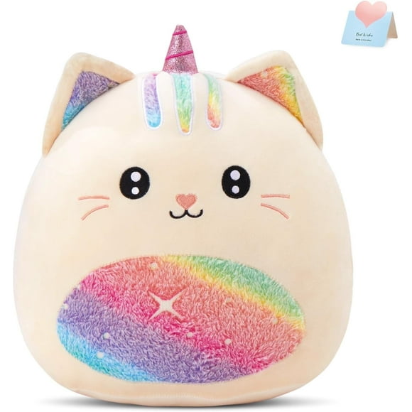 Athionsu 14-Inch Unicorn Cat Plush Pillow Soft and Cuddly Stuffed Animal Toy for Toddler Girls and Boys, Cute Rainbow Belly Plush Gift (CAT)